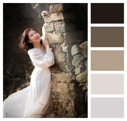 Dreamy Portrait White Dress Asian Woman Ruins Stone Wall Woman Outdoors Image